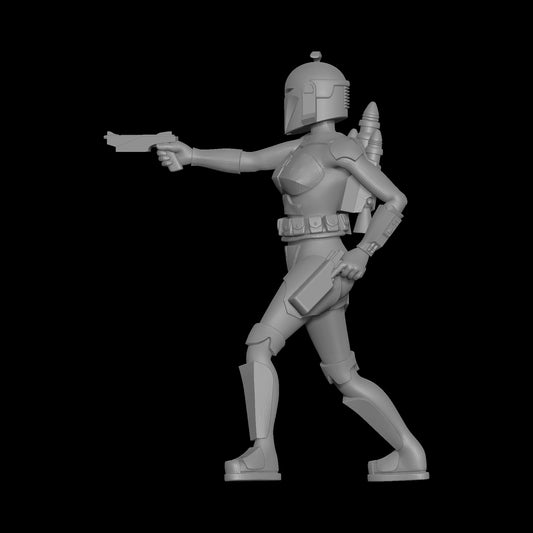Bo-Katan Kryze Nite Owl Helmet with Gun Drawn and One Hand on WESTAR-35 Blaster Pistol Left Profile