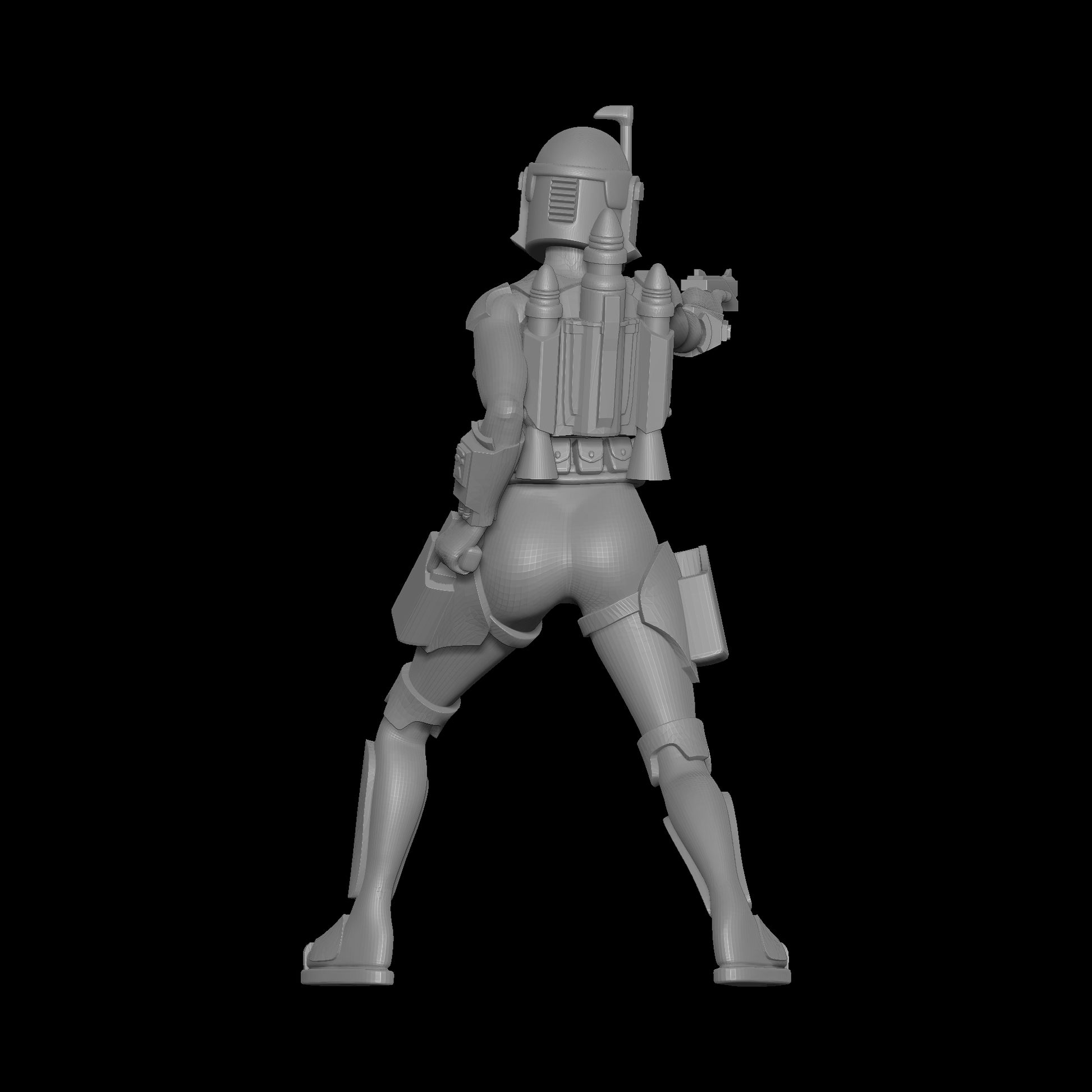 Back of the Bo-Katan Kryze Nite Owl Helmet with Gun Drawn and One Hand on WESTAR-35 Blaster Pistol Designed by Fantasy World Games