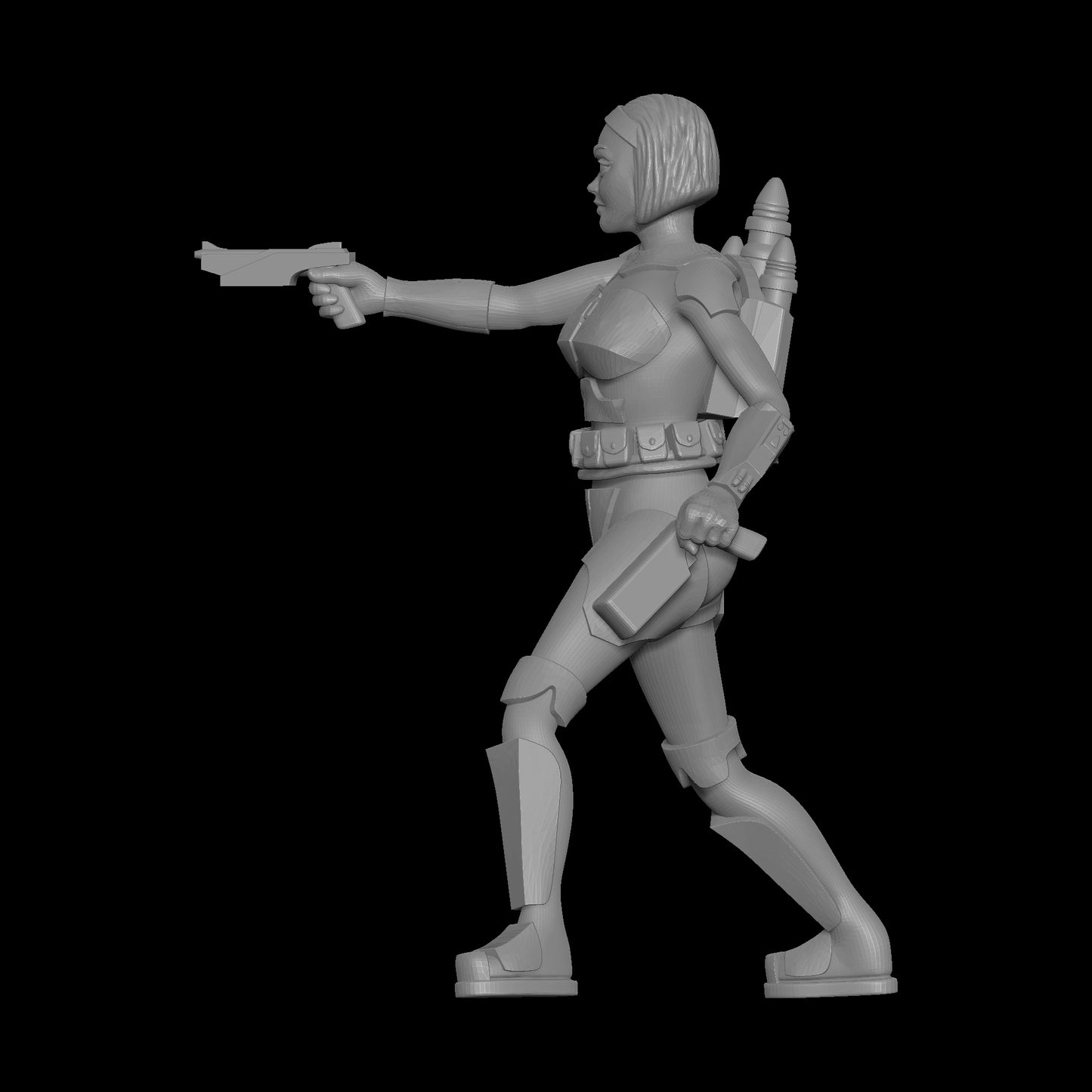 Star Wars Shatterpoint Bo-Katan Kryze No Helmet with WESTAR-35 Blaster Pistol Drawn Left Gun Holstered Left Profile