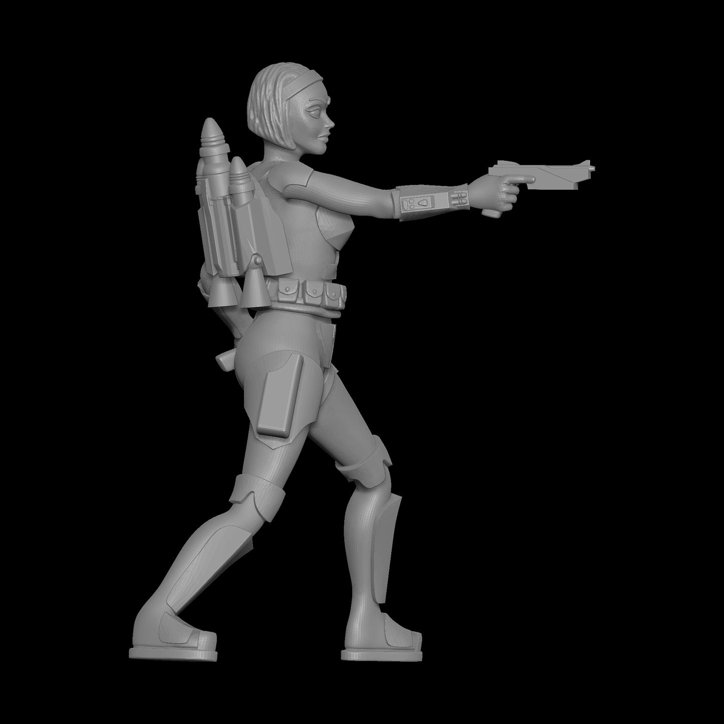 Star Wars Shatterpoint Bo-Katan Kryze No Helmet with WESTAR-35 Blaster Pistol Drawn Left Gun Holstered Right Profile
