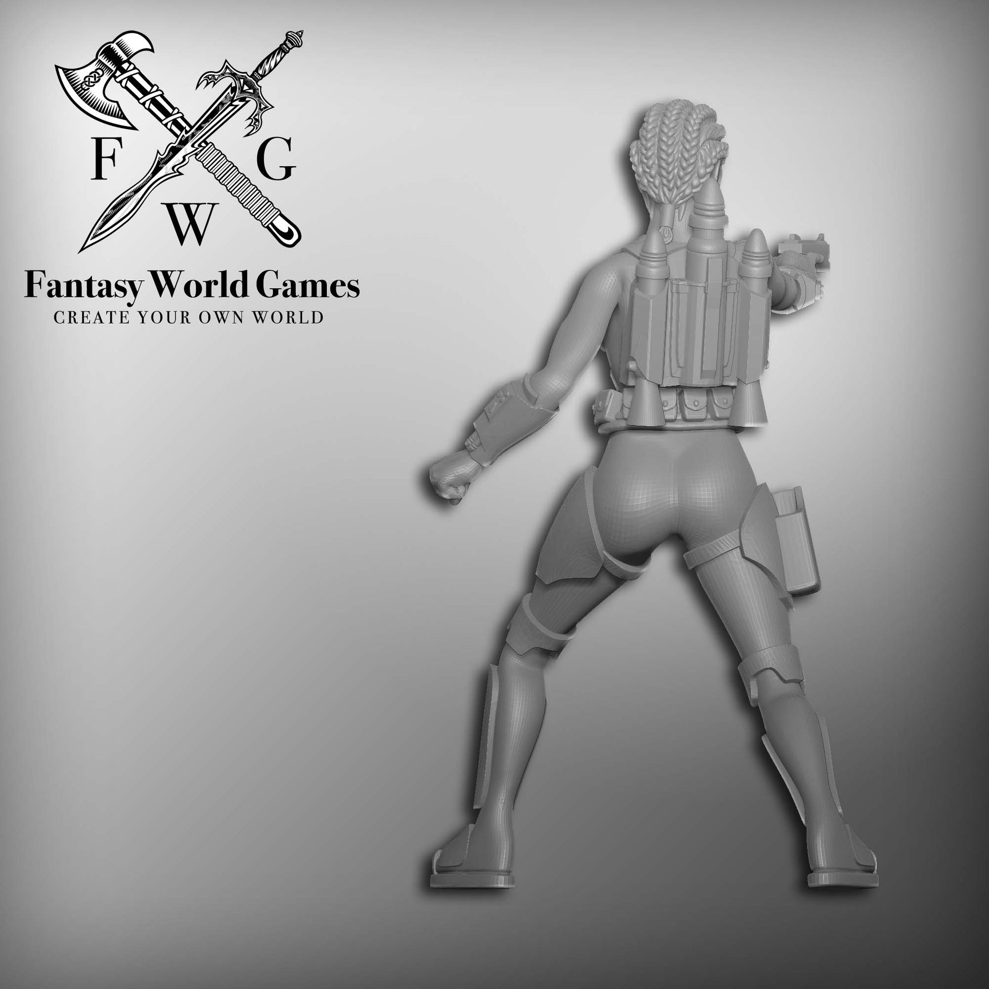 Back of Koska Reeves No Helmet with One WESTAR-35 Blaster Pistol Designed by Fantasy World Games