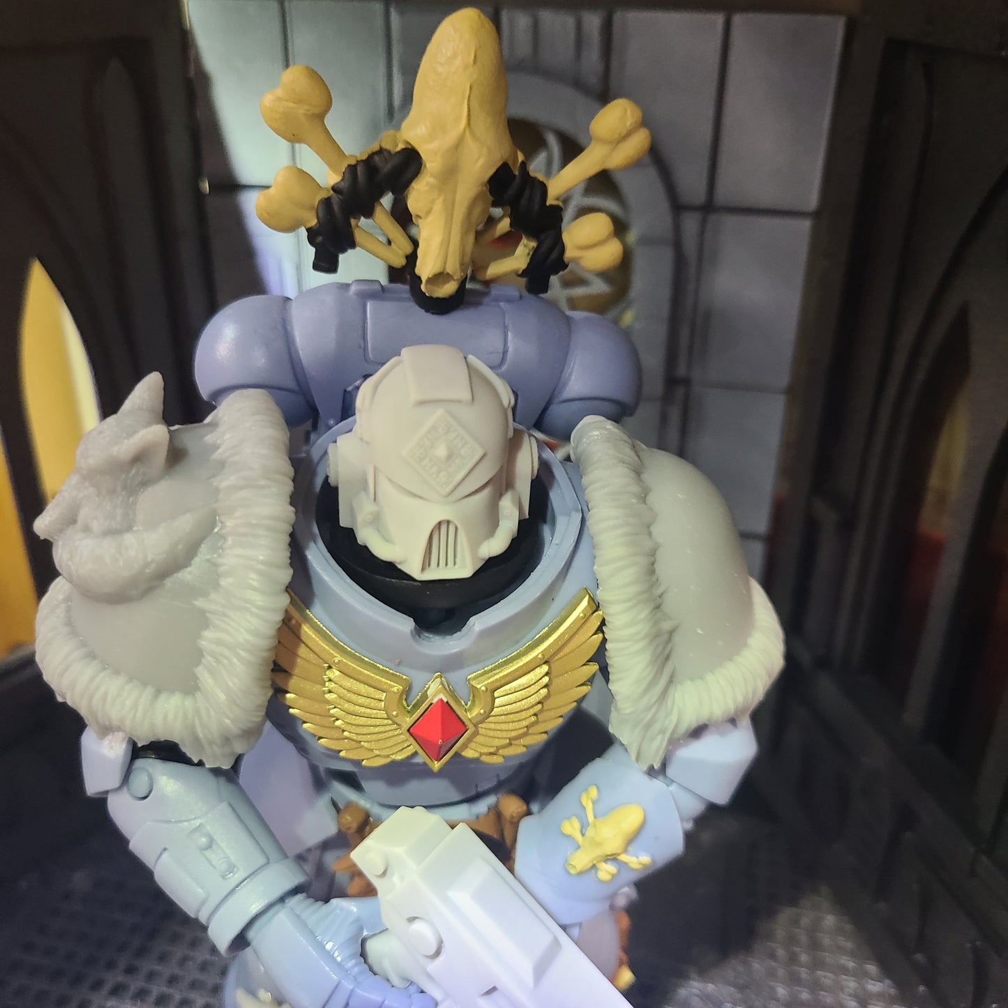 Space Wolves Legion MKVII Helmet with Two Wolf Heads, Runes and Talismans for McFarlane Loyalist Marine Action Figures