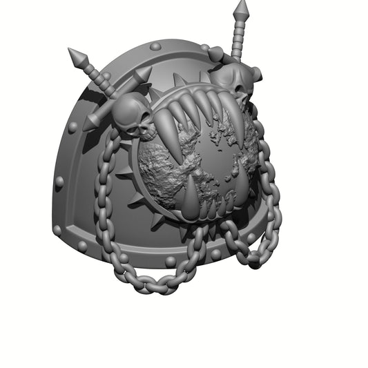 World Eaters Chapter MKVII Shoulder Pad Maw eating Planet Two Skulls Chains and Two Swords: Compatible with McFarlane Space Marine Action Figures Khorne Berserker