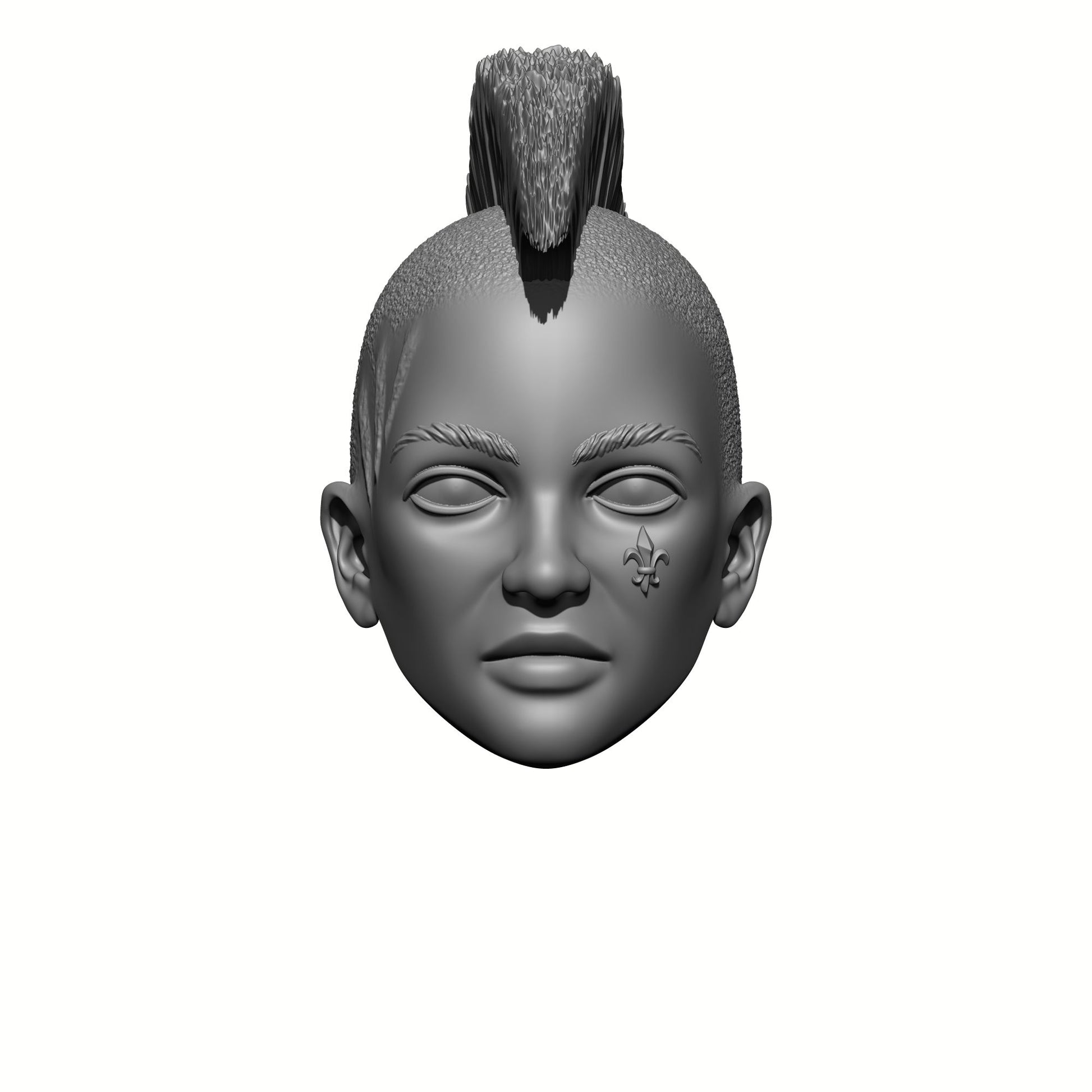 3D Render of the FWG Sisters of War Veteran Head with Mohawk Fleur-de-lis on Left Cheek and Battle Scarring Compatible with McFarlane Toys McFarlane Toys Warhammer 40,000 Adepta Sororitas Battle Sister 7" Action Figure