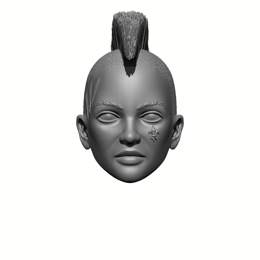3D Render of the FWG Sisters of War Veteran Head with Mohawk Fleur-de-lis on Left Cheek and Battle Scarring Compatible with McFarlane Toys McFarlane Toys Warhammer 40,000 Adepta Sororitas Battle Sister 7" Action Figure