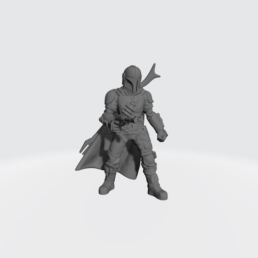 The Mandalorian posed with IB-94 blaster pistol pointed forward Bounty Hunter is Compatible with Star Wars Legion by Fantasy World Games
