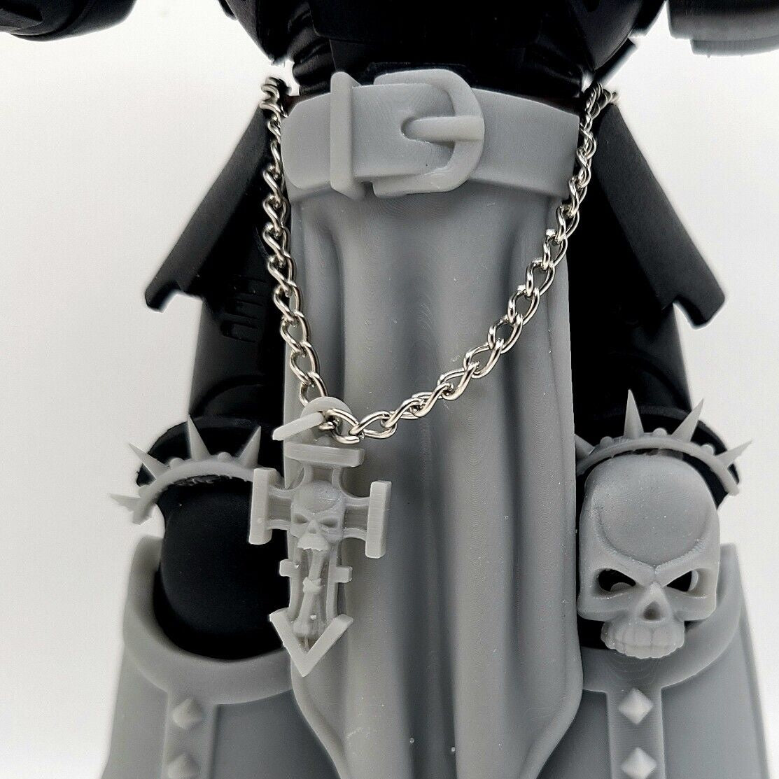 Talisman Cross Reliquary Belt Relic custom resin accessory compatible with McFarlane Toys 1:12 scale armored action figures featuring a gothic cross ornament and belt connector hook.