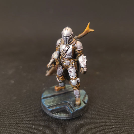 The Mandalorian posed with IB-94 blaster pistol pointed forward Bounty Hunter is Compatible with Star Wars Legion painted by MLBStudios