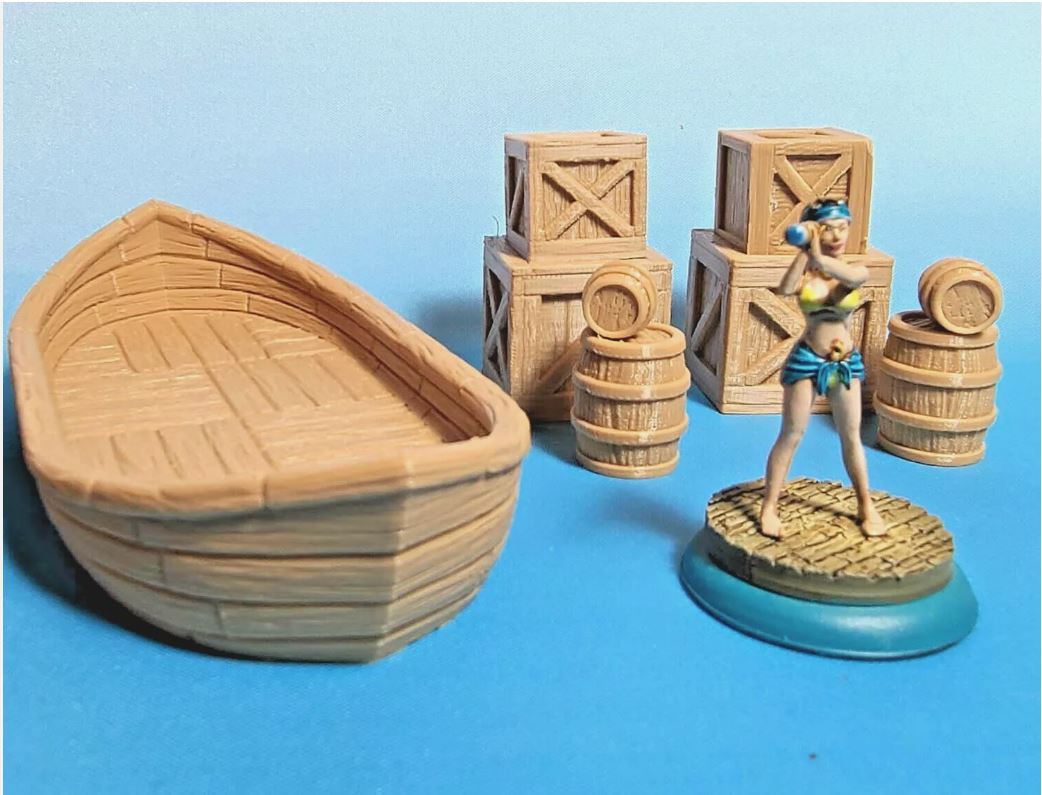 Two Classic Rowboats, Wooden Barrels, and Cargo Crates for Dungeons and Dragons Tabletop Games - Custom RPG Terrain