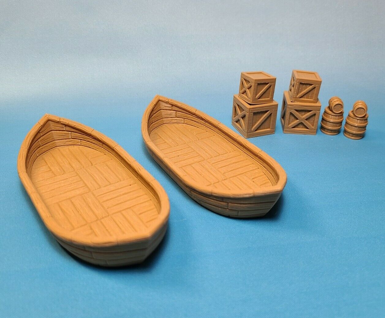 Two Classic Rowboats, Wooden Barrels, and Cargo Crates for Dungeons and Dragons Tabletop Games - Custom RPG Terrain