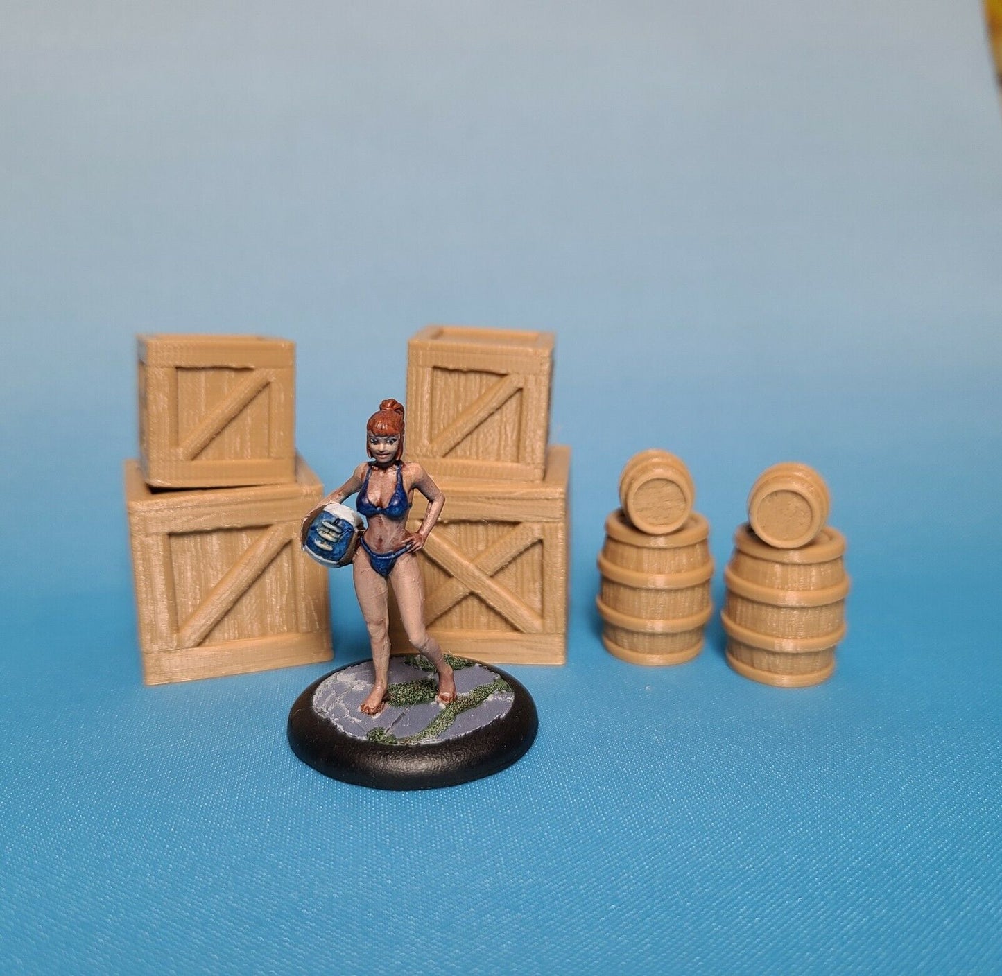 Two Classic Rowboats, Wooden Barrels, and Cargo Crates for Dungeons and Dragons Tabletop Games - Custom RPG Terrain