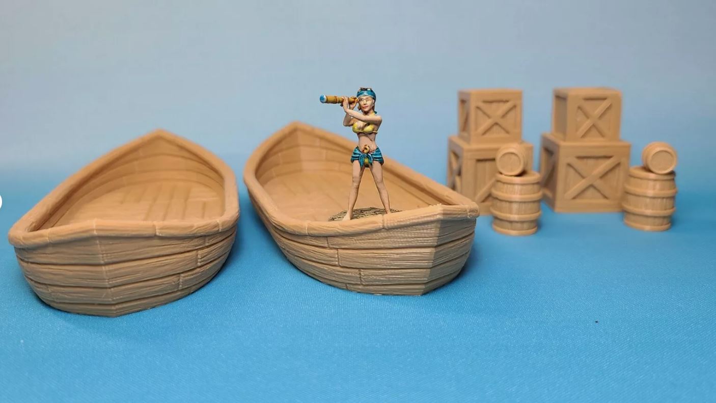 Two Classic Rowboats, Wooden Barrels, and Cargo Crates for Dungeons and Dragons Tabletop Games - Custom RPG Terrain