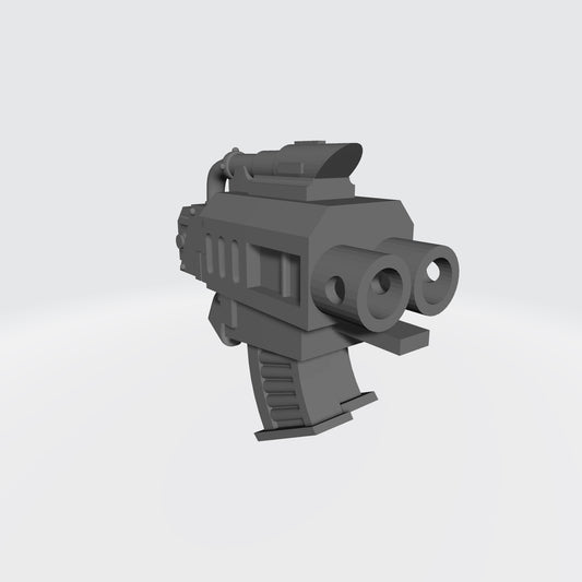 Twin Barrel Battle Pistol V1 custom resin ranged weapon compatible with McFarlane Toys 1:12 scale armored action figures featuring a detailed dual-barrel sci-fi design for collectors, painters, and customizers.