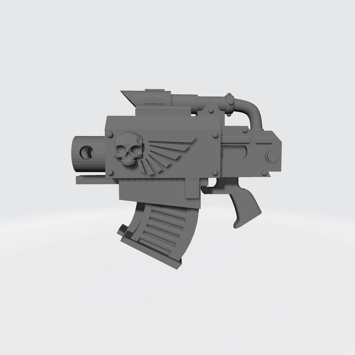 Twin Barrel Battle Pistol V1 custom resin ranged weapon compatible with McFarlane Toys 1:12 scale armored action figures featuring a detailed dual-barrel sci-fi design for collectors, painters, and customizers.