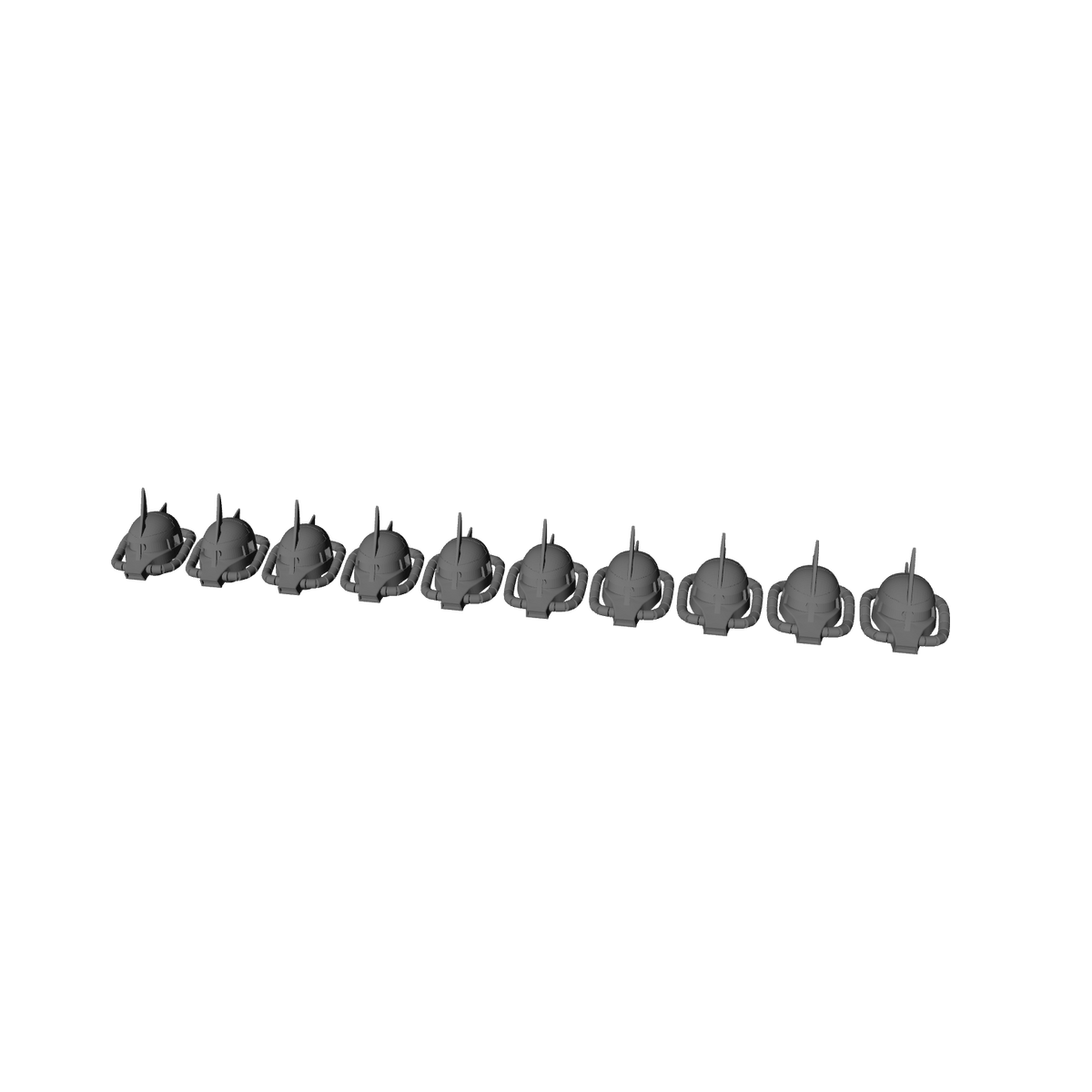 Set of 10 unpainted Zaku I MS-05-inspired resin helmets for 28mm-32mm scale miniature head swaps and conversions