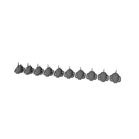 Set of 10 unpainted Zaku I MS-05-inspired resin helmets for 28mm-32mm scale miniature head swaps and conversions