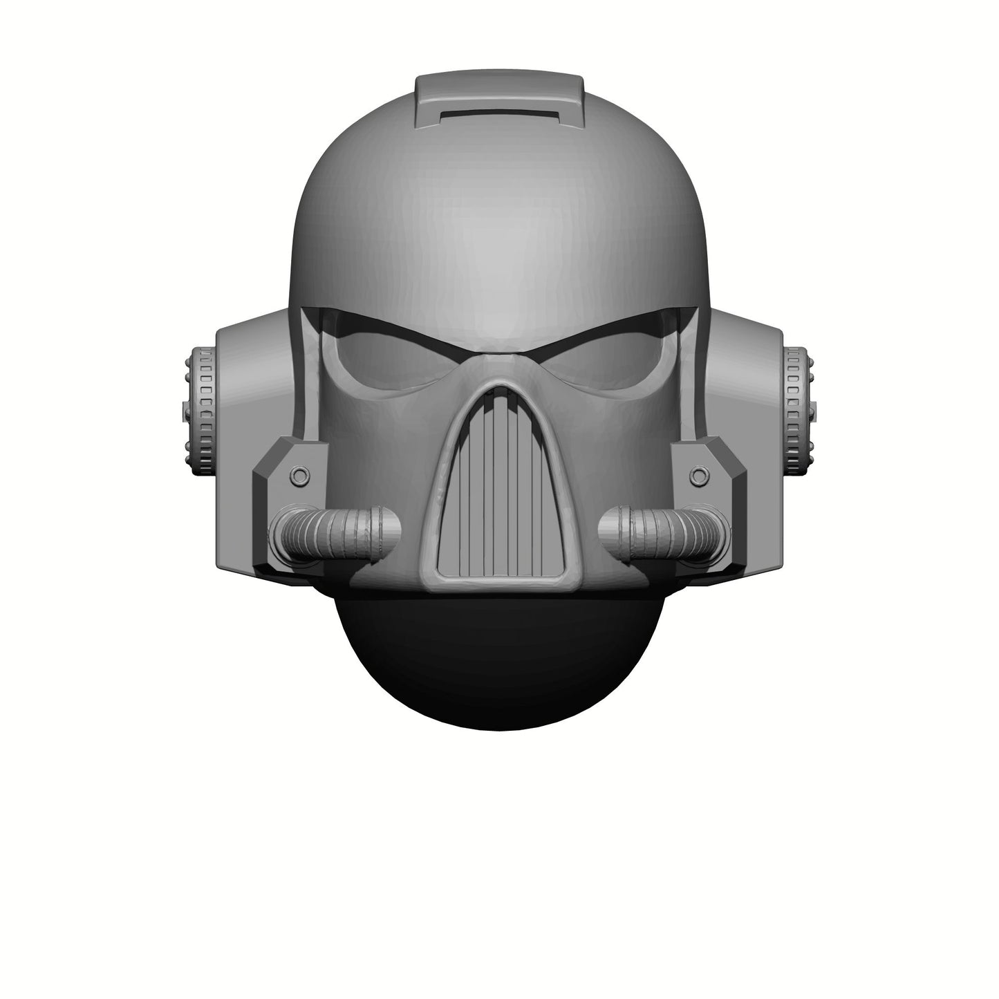 A gray resin helmet for 28mm scale marine miniature figures, featuring detailed raised features designed for custom painting.