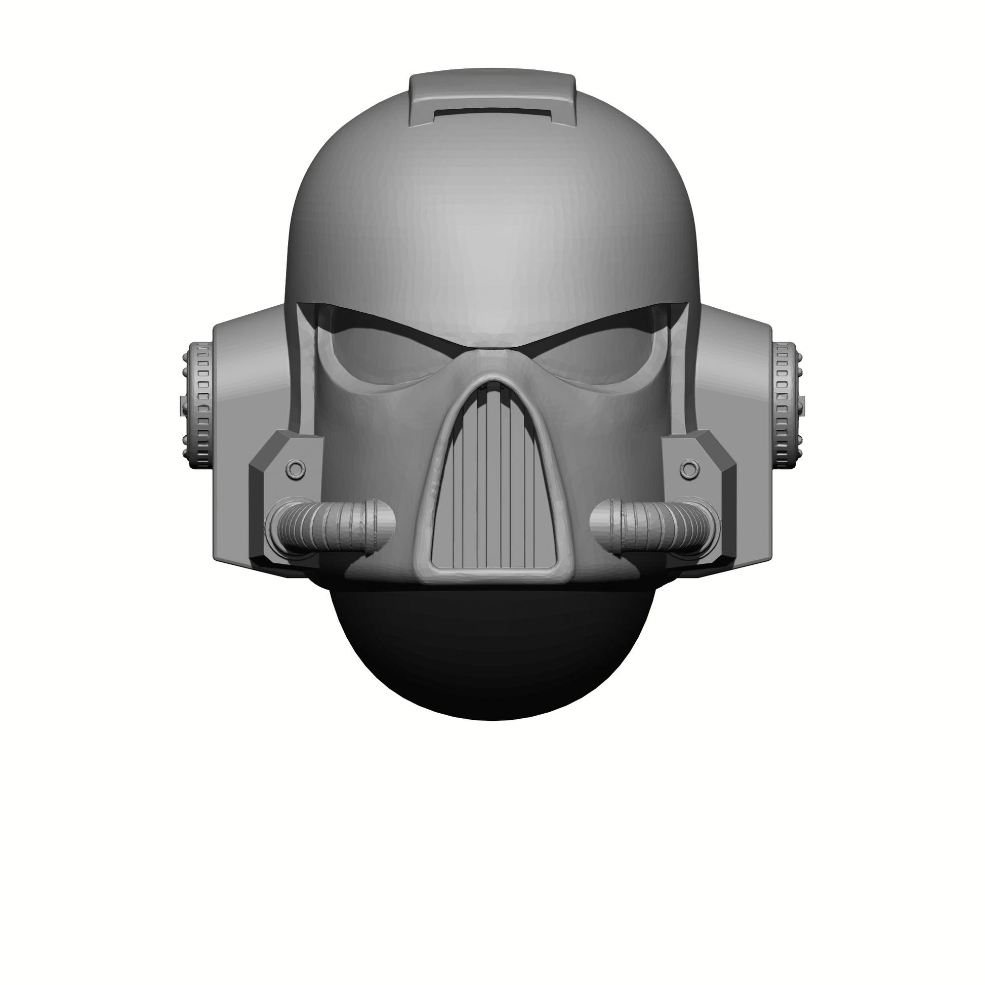 A gray resin helmet for 28mm scale marine miniature figures, featuring detailed raised features designed for custom painting.