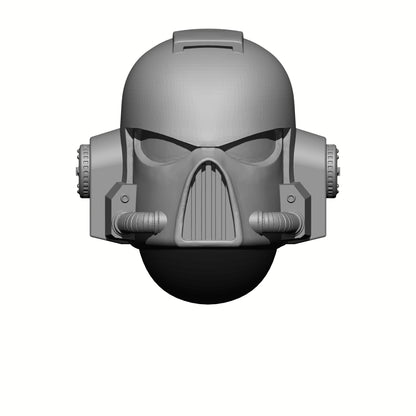 A gray resin helmet for 28mm scale marine miniature figures, featuring detailed raised features designed for custom painting.