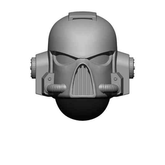 A gray resin helmet for 28mm scale marine miniature figures, featuring detailed raised features designed for custom painting.