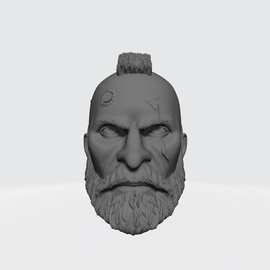 Grizzled Veteran Warrior Space Marine Head Sculpt with Service Studs, Mohawk, Scarred Left Eye, and Beard