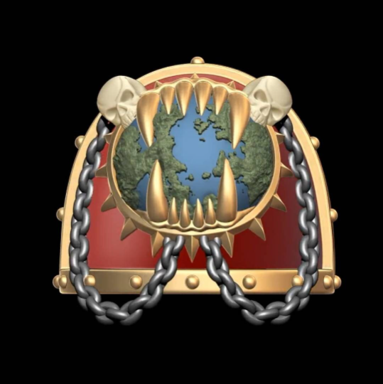 Custom World Eaters Chapter MKVII Shoulder Pad Teeth Eating Planet Two Skulls and Chains: Compatible with McFarlane Space Marine Action Figures