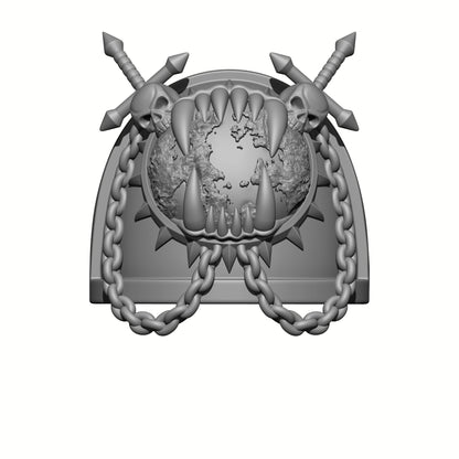 World Eaters Chapter MKVII Shoulder Pad Teeth Eating Planet Two Skulls Chains and Swords: Compatible with McFarlane Space Marine Khornate Berzerkers Action Figures by Fantasy World Games