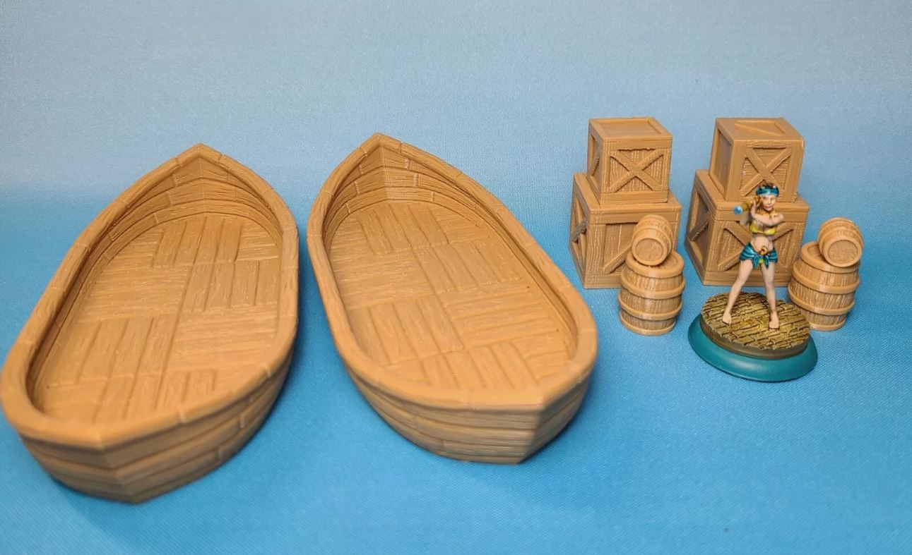 Two Classic Rowboats, Wooden Barrels, and Cargo Crates for Dungeons and Dragons Tabletop Games - Custom RPG Terrain