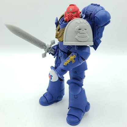 McFarlane Toys Shoulder Pad MKIV Retributors Chapter on an Ultramarine Action Figure with Sword