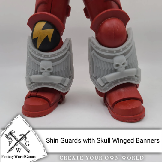 3d Printed Custom Shin Guards Skull with Wings and Banner Compatible with McFarlane Toys Space Marines Action Figures by Fasntasy World Games
