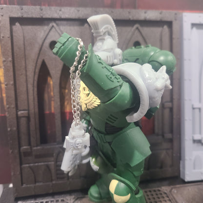 Warrior Priest Rosarius Relic with chain custom resin belt accessory compatible with McFarlane Toys 7-inch 1:12 scale armored action figures.