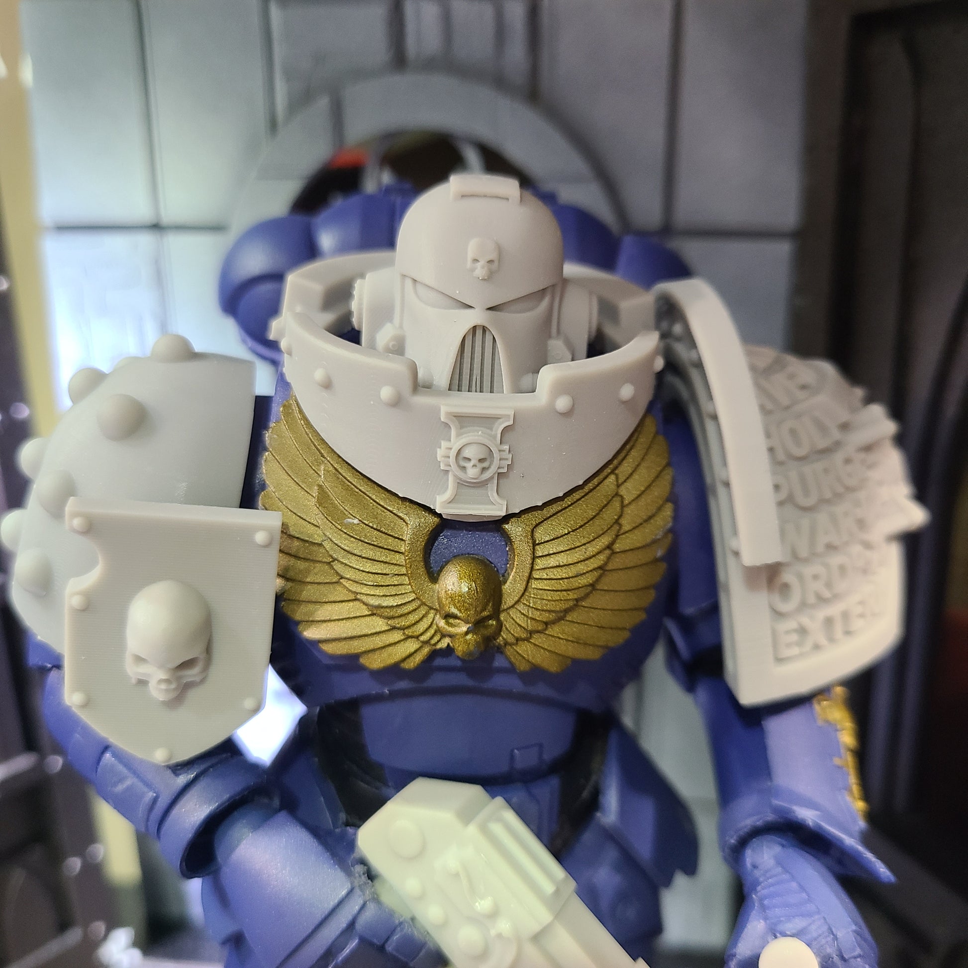 Bone Reapers Warrior Order Shoulder Pad Shield Ver. 01 Reverse resin heraldry upgrade for 1:12 scale armored action figures by Fantasy World Games.
