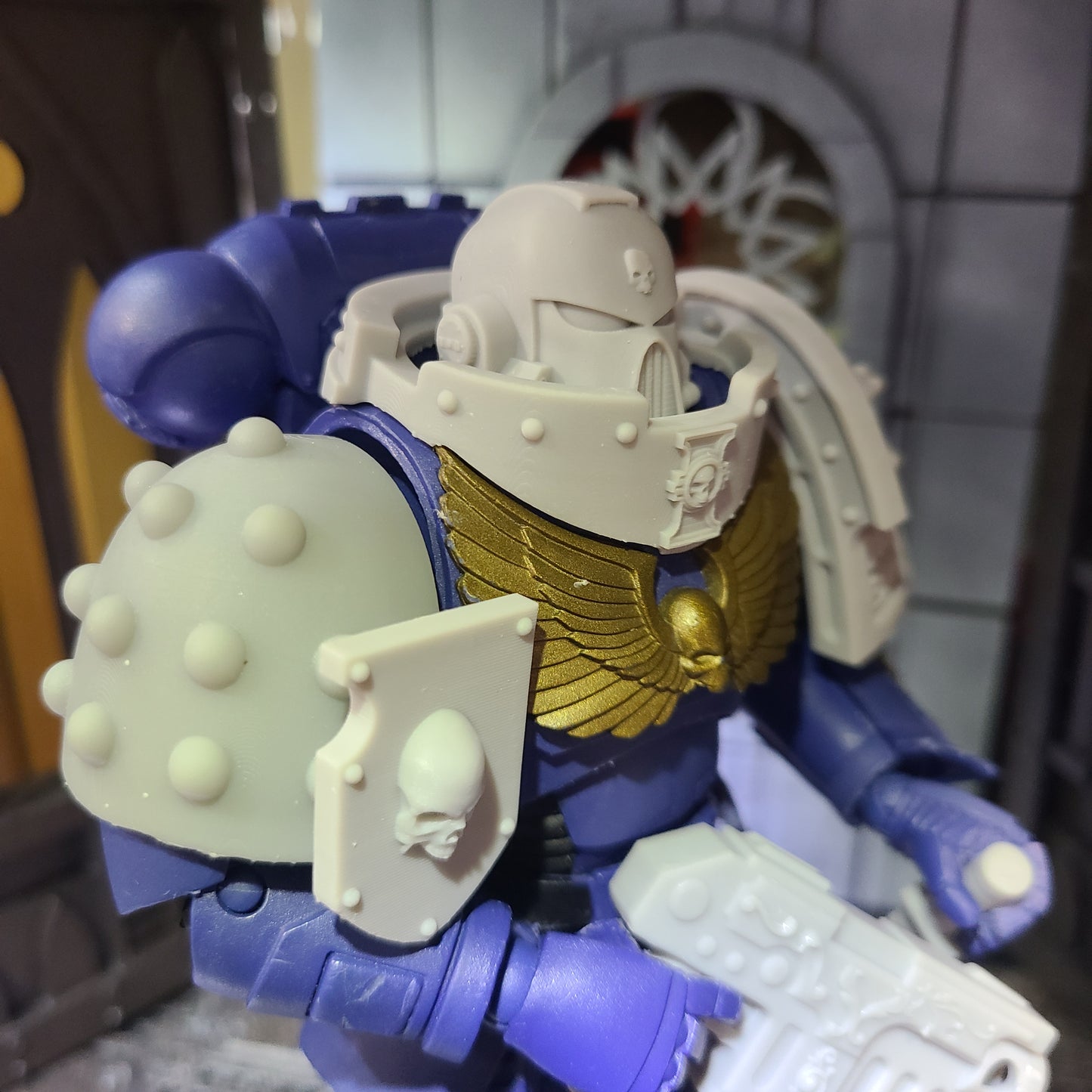 Bone Reapers Warrior Order Shoulder Pad Shield Ver. 01 Reverse resin heraldry upgrade for 1:12 scale armored action figures by Fantasy World Games.