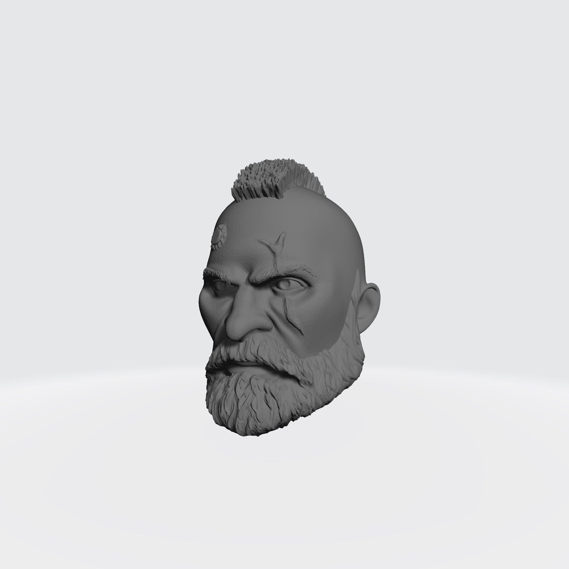 Custom Grizzled Veteran Warrior Head Sculpt with Service Studs, Mohawk, Scarred Left Eye, and Beard compatible with McFarlane Toys 7-inch armored action figures.