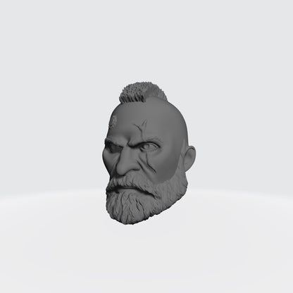 Custom Grizzled Veteran Warrior Head Sculpt with Service Studs, Mohawk, Scarred Left Eye, and Beard compatible with McFarlane Toys 7-inch armored action figures.