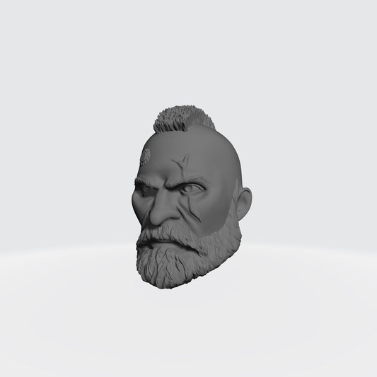 Custom Grizzled Veteran Warrior Head Sculpt with Service Studs, Mohawk, Scarred Left Eye, and Beard compatible with McFarlane Toys 7-inch armored action figures.
