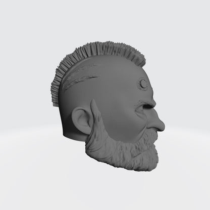 Custom Grizzled Veteran Warrior Head Sculpt with Service Studs, Mohawk, Scarred Left Eye, and Beard compatible with McFarlane Toys 7-inch armored action figures.