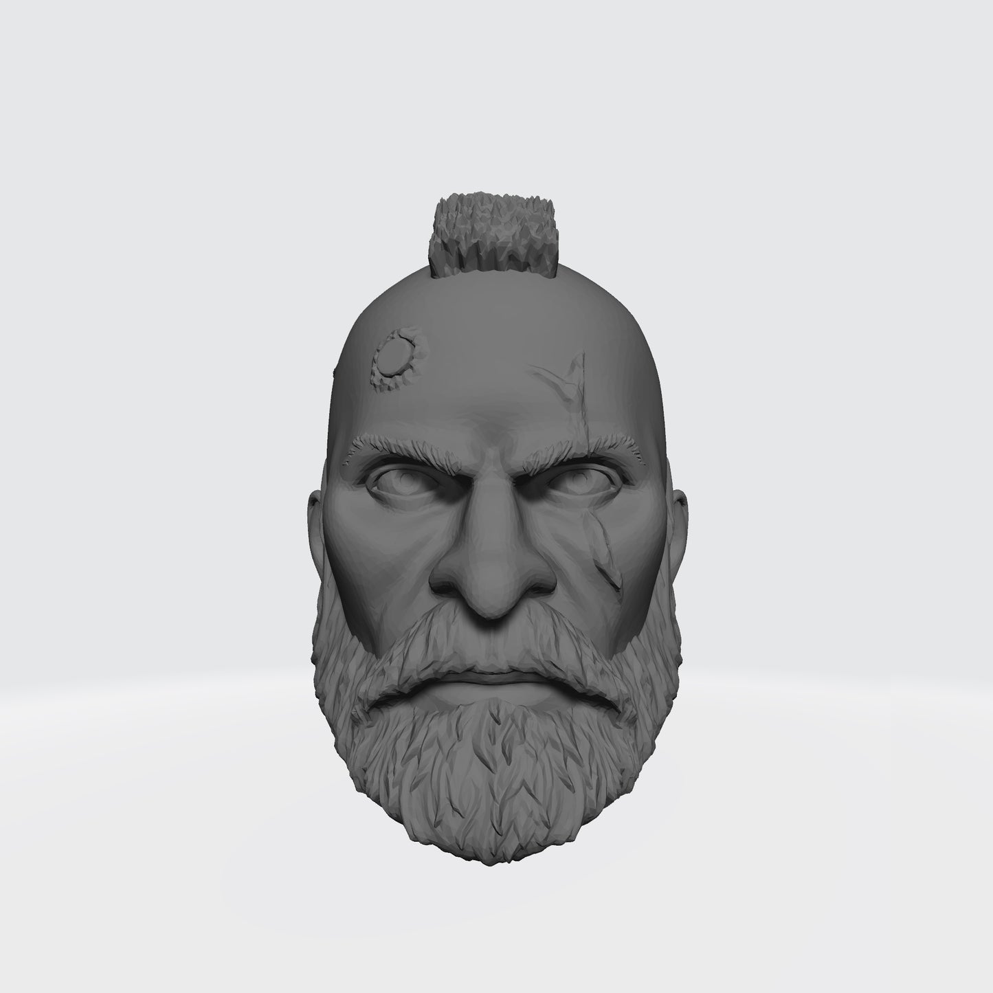 Custom Grizzled Veteran Warrior Head Sculpt with Service Studs, Mohawk, Scarred Left Eye, and Beard compatible with McFarlane Toys 7-inch armored action figures.