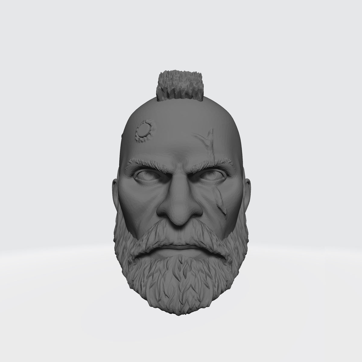 Custom Grizzled Veteran Warrior Head Sculpt with Service Studs, Mohawk, Scarred Left Eye, and Beard compatible with McFarlane Toys 7-inch armored action figures.