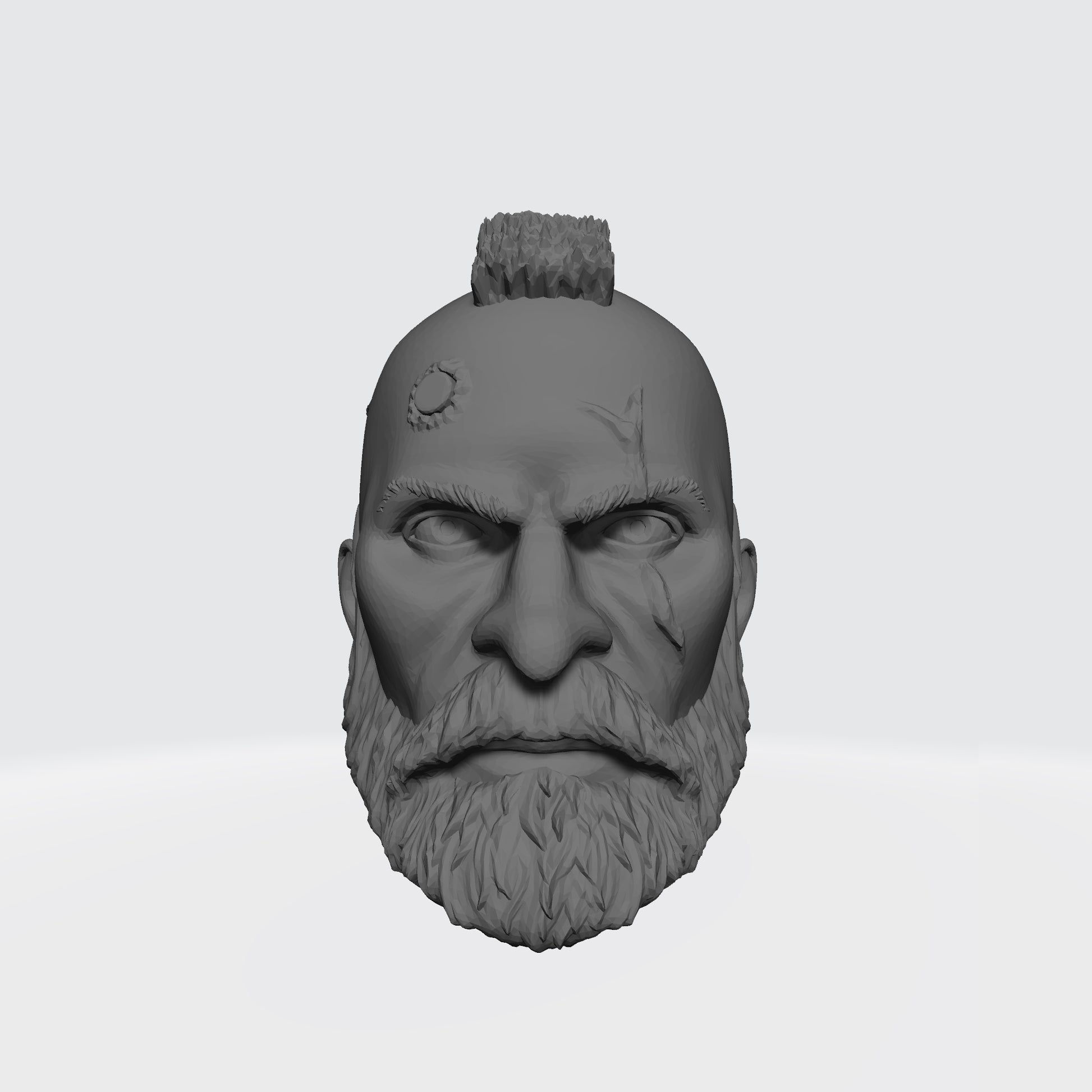 Custom Grizzled Veteran Warrior Head Sculpt with Service Studs, Mohawk, Scarred Left Eye, and Beard compatible with McFarlane Toys 7-inch armored action figures.