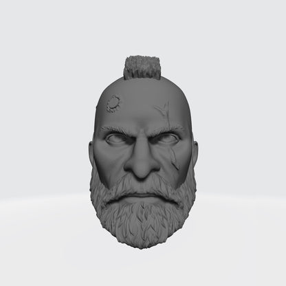 Custom Grizzled Veteran Warrior Head Sculpt with Service Studs, Mohawk, Scarred Left Eye, and Beard compatible with McFarlane Toys 7-inch armored action figures.