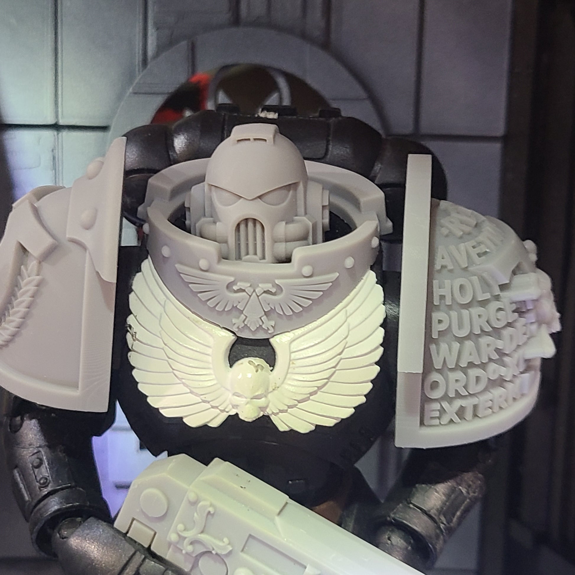 Custom resin Gorget with Eagle and Rivets compatible with McFarlane Toys 7-inch armored action figures.