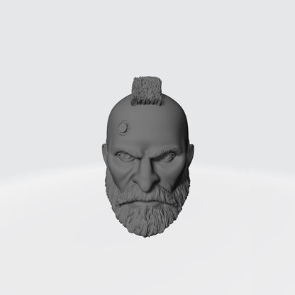 Grizzled Veteran Warrior Head with Service Studs, Mohawk, and Beard custom resin head sculpt compatible with McFarlane Toys 7-inch armored action figures.