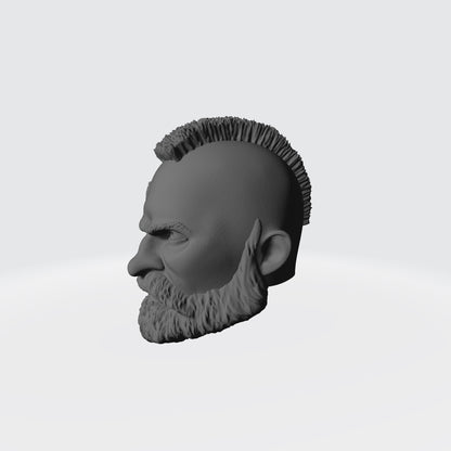Grizzled Veteran Warrior Head with Service Studs, Mohawk, and Beard custom resin head sculpt compatible with McFarlane Toys 7-inch armored action figures.