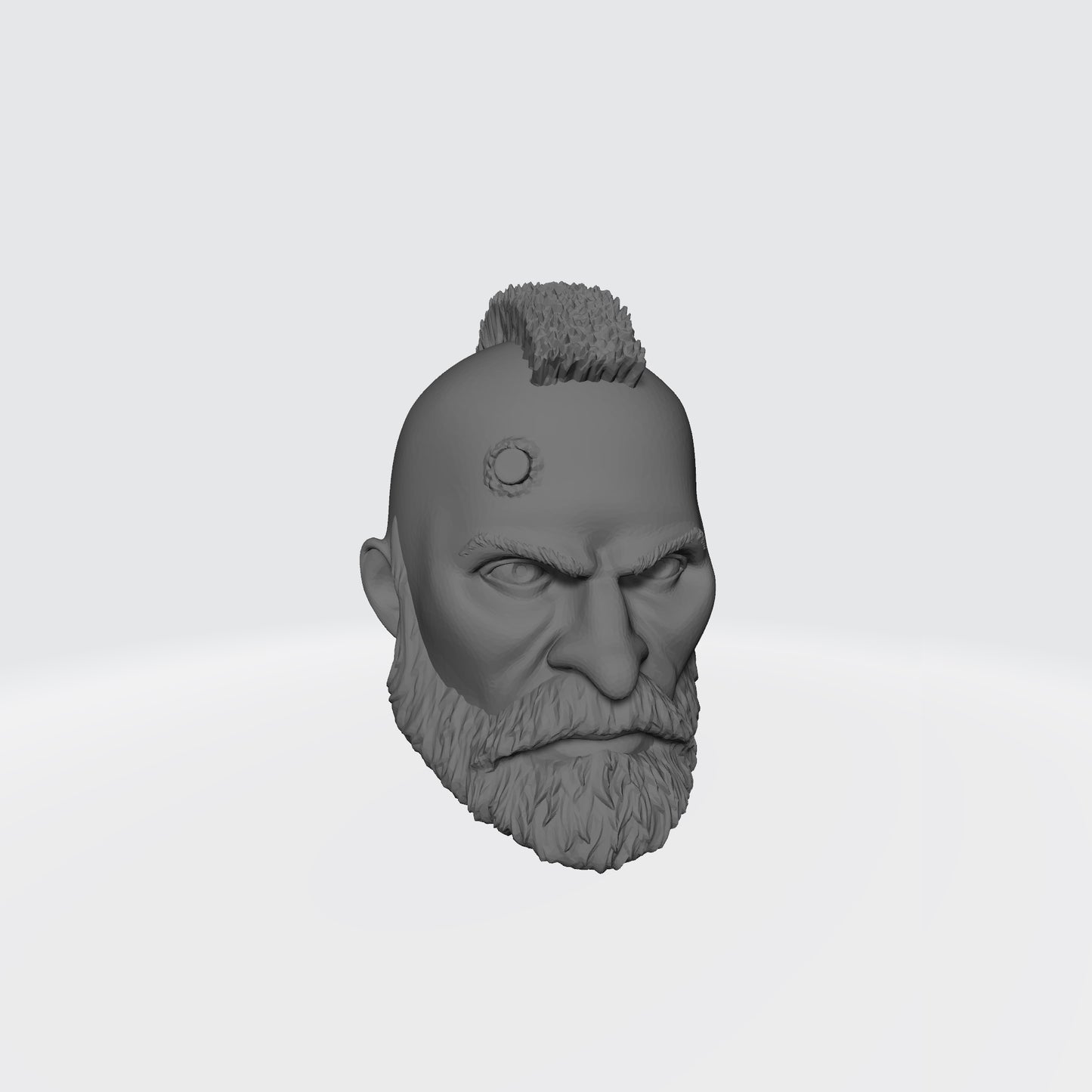 Grizzled Veteran Warrior Head with Service Studs, Mohawk, and Beard custom resin head sculpt compatible with McFarlane Toys 7-inch armored action figures.
