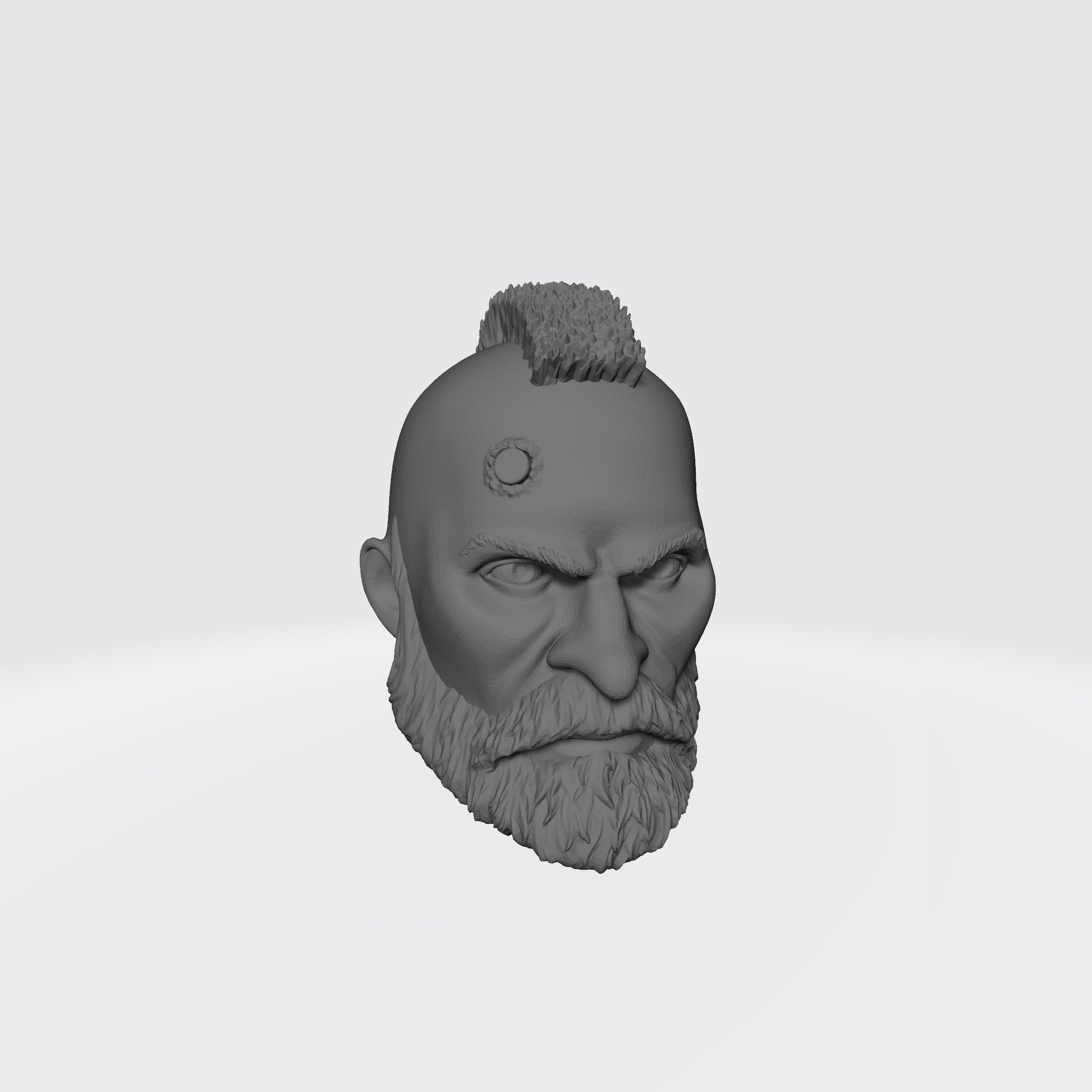 Grizzled Veteran Warrior Head with Service Studs, Mohawk, and Beard custom resin head sculpt compatible with McFarlane Toys 7-inch armored action figures.
