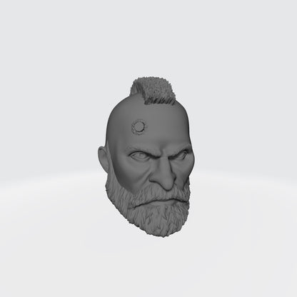 Grizzled Veteran Warrior Head with Service Studs, Mohawk, and Beard custom resin head sculpt compatible with McFarlane Toys 7-inch armored action figures.