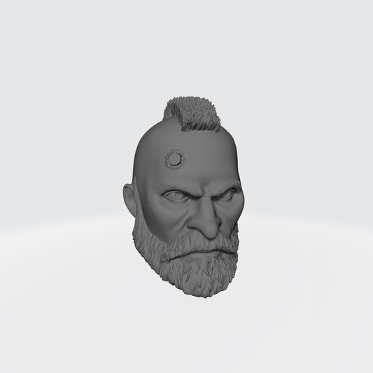Grizzled Veteran Warrior Head with Service Studs, Mohawk, and Beard custom resin head sculpt compatible with McFarlane Toys 7-inch armored action figures.