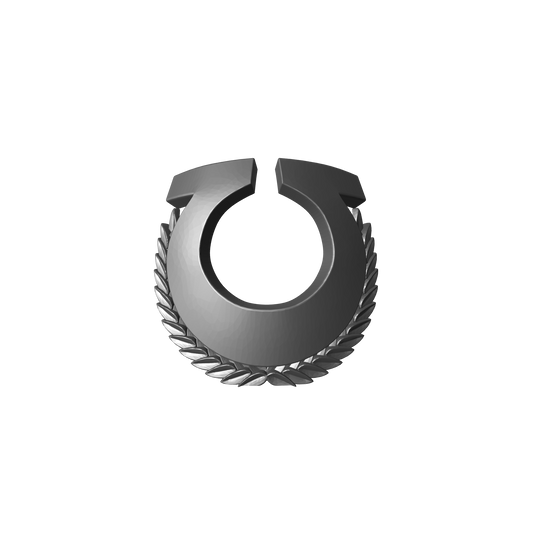 Omega Sentinels Warrior Order shoulder pad 3D decal with wreath compatible with McFarlane Toys 7-inch armored action figures.