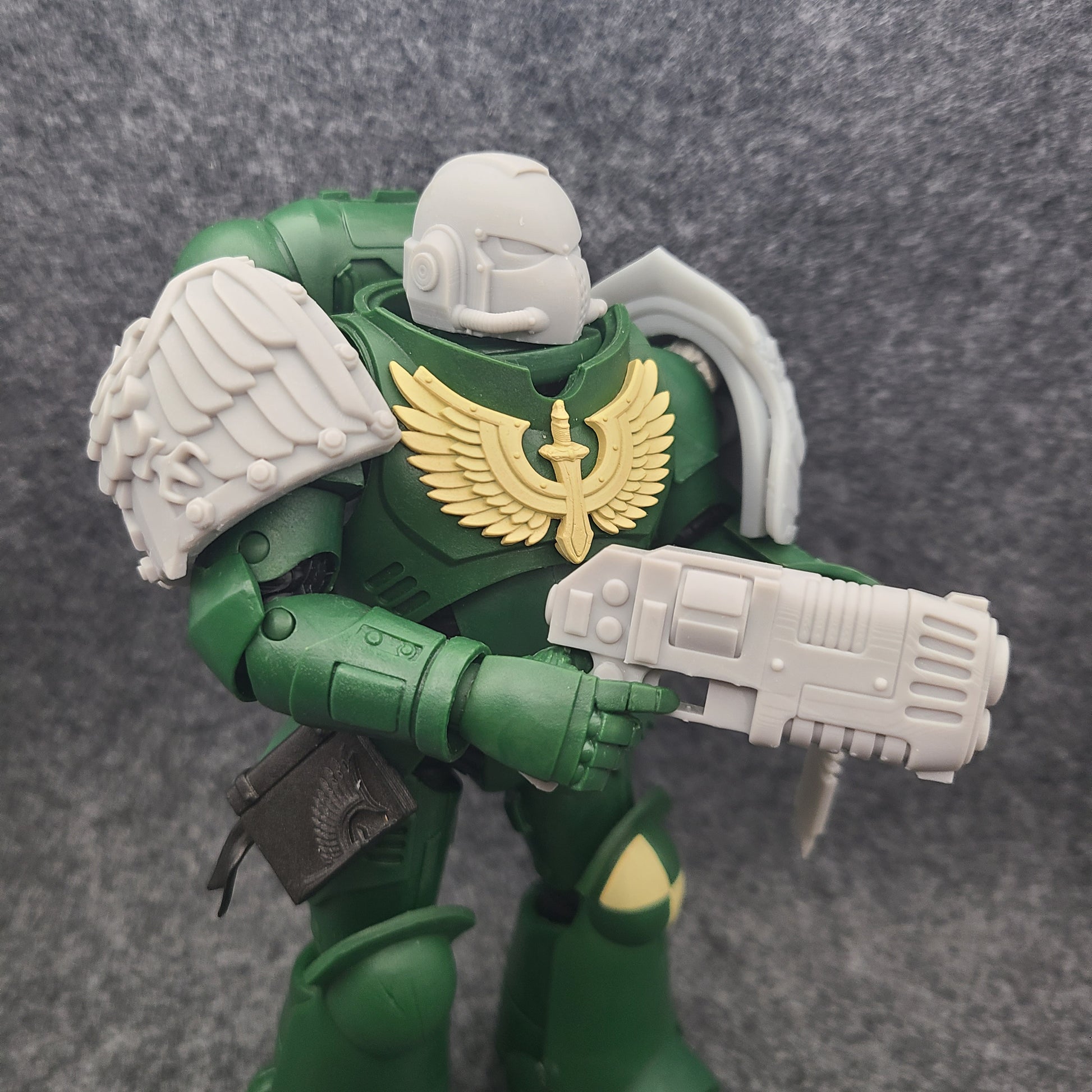Custom resin plasma pistol revolver compatible with McFarlane Toys 7-inch 1:12 scale armored action figures.